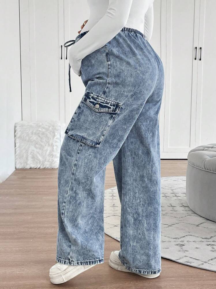 SHEIN Adjustable Elastic Waist Drawstring Blue Denim Loose Maternity Pants - Blue - View 2