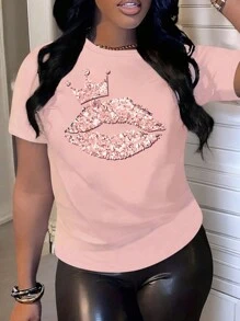 Maweii 大码性感唇印休闲短袖 T 恤图案 T 恤女式上衣粉色图案 Teetops 女士上衣 - 粉色 - 查看 3