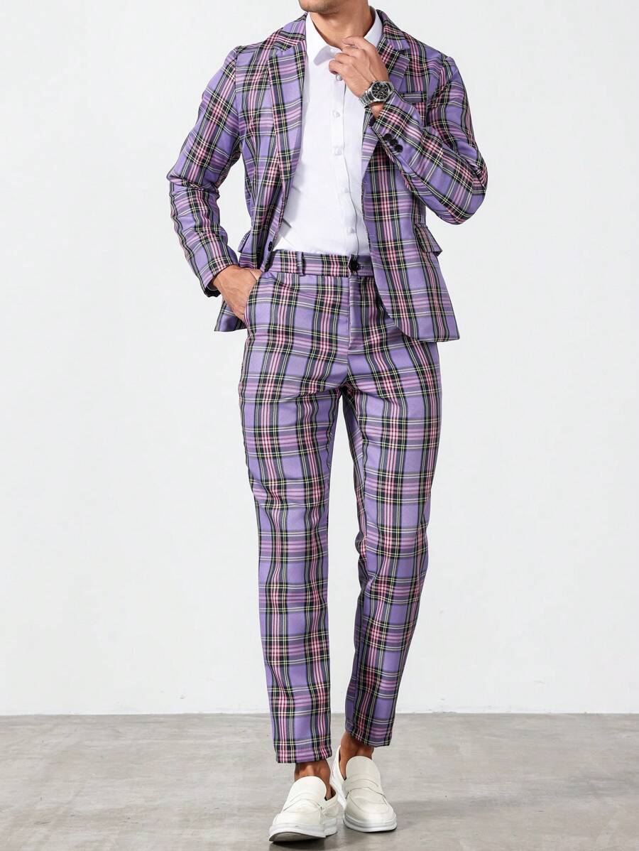 Manfinity Homme 2pcs Plaid Blazer, Top And Trousers Suits - Multicolor - View 1