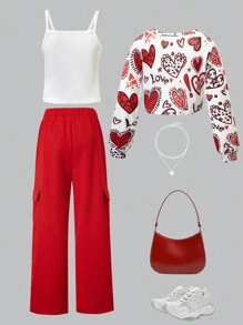 Conjunto de 3 piezas para niñas preadolescentes con: top corto de manga larga con estampado de corazones graffiti, camiseta sin mangas de unicolor y pantalón cargo para Día de San Valentín