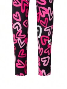 Leggings para niñas preadolescentes, marca Streecool preadolescente, leggings de ajuste ceñido de longitud completa con patrón de corazones en color rosa y negro, diseño elegante y dinámico, adecuado para deportes, escuela, actividades al aire libre y uso en todas las estaciones. Los leggings presentan una combinación de color rosa y negro con un diseño de patrón de corazones de cobertura total