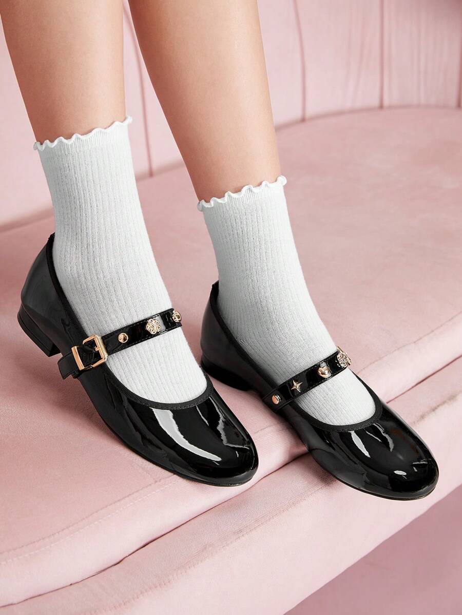 CUCCOO DOLLMOD Women Flat Thick Heel Round Toe Black Mirror Leather Mary Jane Shoes, Cute Retro Minimalist Elegant Fashion Valentine's Day - Black - View 1