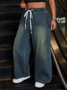 SHEIN EZwear Plus Size Front Tie Pocket Simple Design Casual Denim Jeans - Medium Wash - View 2