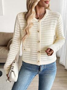 SHEIN LUNE Women's Apricot Round Neck Perforated Button & Fake Pocket Cardigan Sweater Fall Cloth For Women - Apricot - View 4