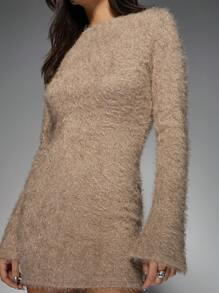 MISSGUIDED Fluffy Knit Long Sleeve Scoop Neckline Mini Dress - Brown - View 6