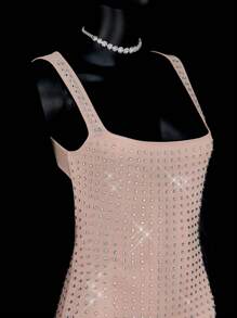 SHEIN ICON Abito lungo da donna nello stile Y2K, sexy e minimalista, in rete con strass, elegante e decorato con paillettes, abito scintillante e luccicante adatto a feste, festa, uscite serali, Capodanno, adatto per appuntamenti casual, uscite serali e abbigliamento per Capodanno. - Cachi - Visualizzare 6