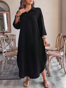SHEIN LUNE Vestido casual largo de manga larga con botones y de unicolor en tallas grandes - Negro - Ver 3