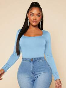 Radiana Square Neck Slim Fit With Sleeves Black Bodysuit