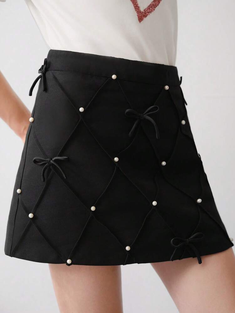 MOTF STUDIO FAUX PEARL BOW DECOR SKIRT,VALENTINE'S DAY