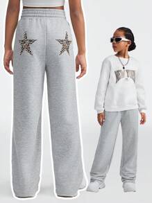 SHEIN Tween Girls  Sportswear Knit Leopard Comfortable Grey Wide Leg Sweatpants,Party /  New Year Eve / Streetwear,Mom And Daughter Outfits - Grey - View 5