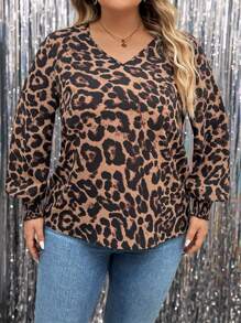 SHEIN LUNE 大码豹纹灯笼袖休闲衬衫，适合秋季新年派对衬衫，优雅的办公服装，大码女士优雅通勤简约时尚百搭畅销衬衫，春夏百搭流行设计时尚日常穿着优雅衬衫女式衬衫 - 棕色 - 查看 1