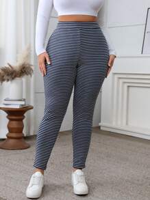 INAWLY Plus Size Knitted Striped Winter Snow Thermal Lined Sweatpants Combined With Leggings, Suitable For Autumn/Winter Fall Cloth For Women - Multicolor - View 3
