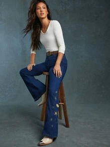 WESTFADE Summer Mid Rise Star Galaxy Embroidery Stretch Flare Jeans - Medium Wash - View 1