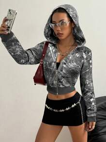 StreetHx Fashionable Camo Print Zip-Up Hoodie With Cropped Hemline - Multicolor - View 1