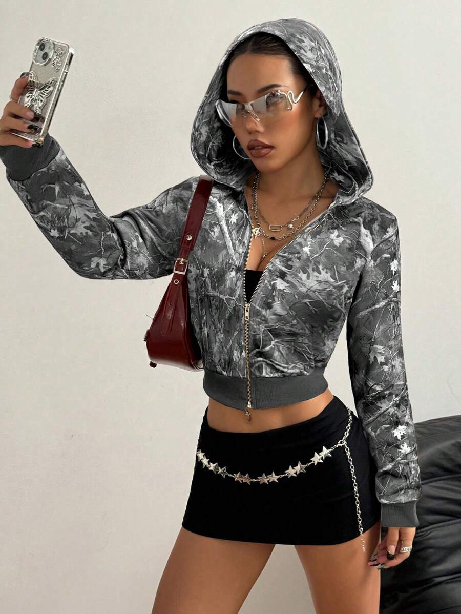 StreetHx Fashionable Camo Print Zip-Up Hoodie With Cropped Hemline - Multicolor - View 1