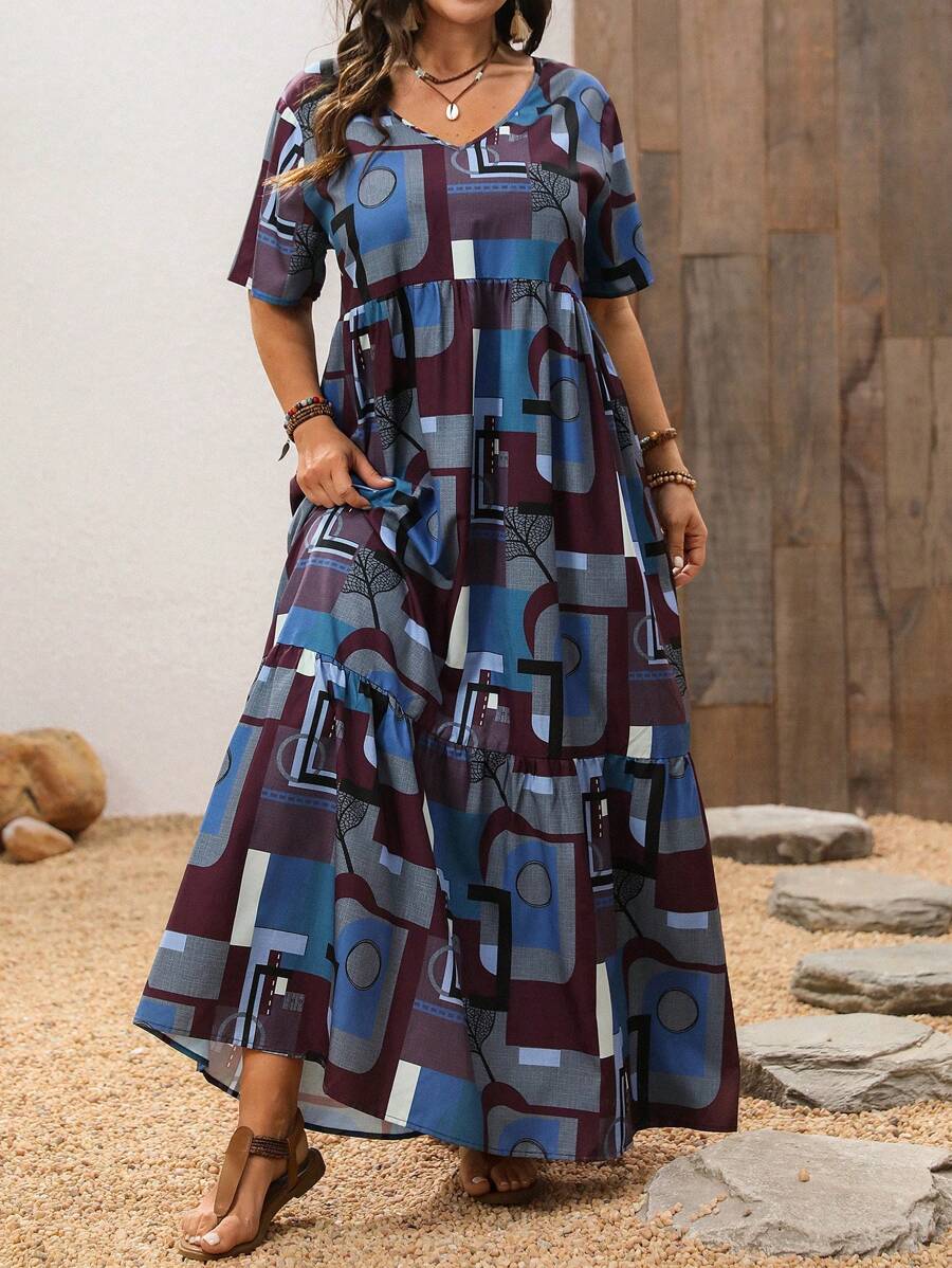 EMERY ROSE Plus Size Women Geometric Pattern Dress - Blue - View 1