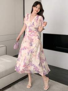 DAZY Women's Ditsy Floral V-Neck Short Sleeve Casual Long Dress Summer Sundress Vacation Outfits Women Easter - Pink - View 5