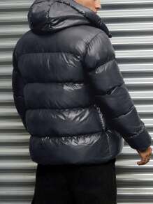 SHEIN Cottnline Men High Collar 2 Zipper Shiny Fabric Regular Padded Coat - Dark Grey - View 2