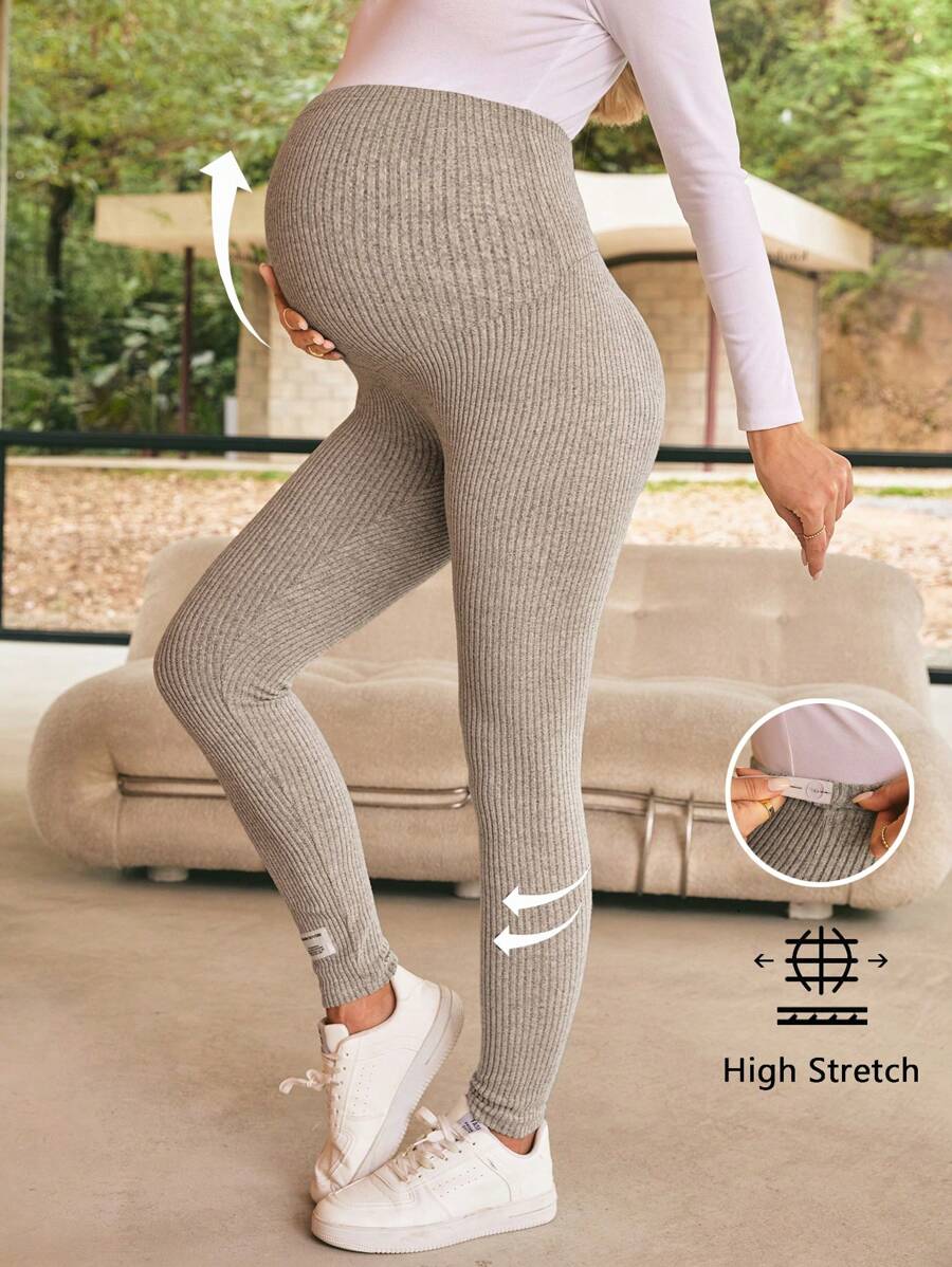 SHEIN 女士孕妇纯色修身紧身裤,日常休闲穿着 - 卡其色 - 查看 1