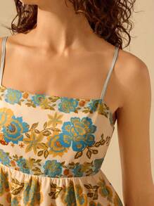CAJUNI Vrouwen Boho Tropische Vogel & Bloemenprint Vakantie Casual Zomer Strand Mouwloos Vetersluiting Rugloos Korte Jurk