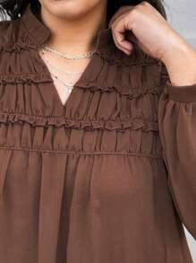 SHEIN LUNE Plus Size Women Notched Neck Ruched Lantern Sleeve Solid Color Dress Valentine's Day Vacation Outfits Woman,Modest Dresses For Women,Airport Outfit For Women,Boho Dress Women,Resort Wear Women,Club Dress,Tropical Dress,Spring/Summer Birthday Dresses For Women Sundress