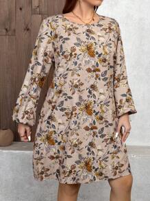 SHEIN LUNE Plus Size Women Vacation Floral Print Round Neck Lantern Sleeve Casual Dress Valentine's Day Dresses Party Dresses Everyday Dresses Resort Wear Women,Club Dress Sundress