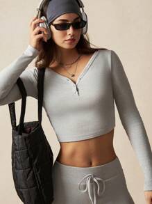 VARSITIE Gray Round Neck Long Sleeves Slim Fit Button Women Two-Piece Outfits - Grey - View 7