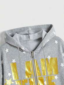 ROMWE Kawaii Sudadera con capucha y cremallera con estampado de estrellas y eslogan en lámina de oro