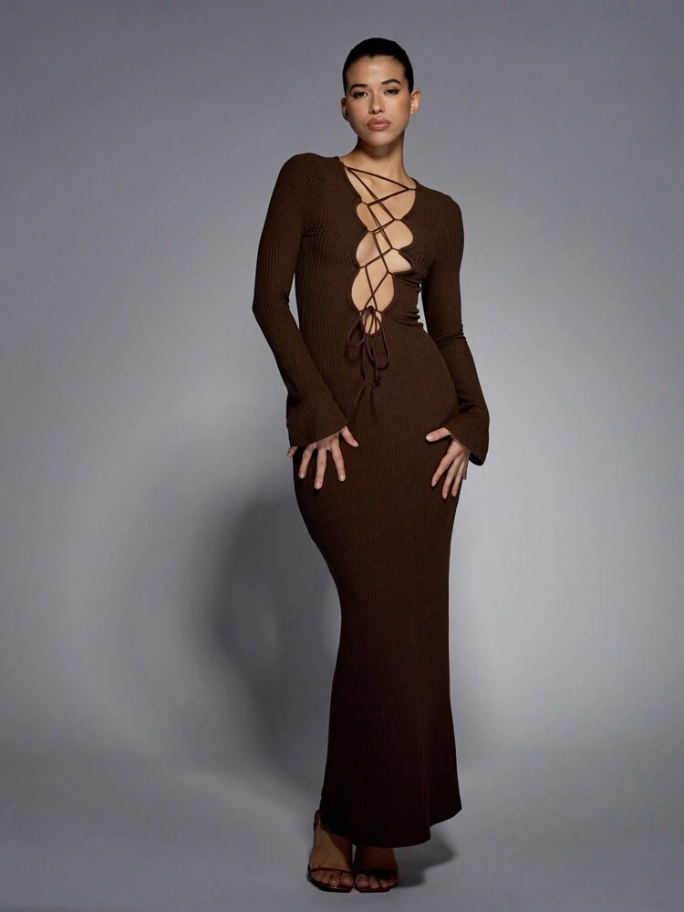 MISSGUIDED Straight Neck Long Sleeve Lace Up Back Rib Maxi Dress
