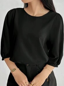 INAWLY Plus Size Solid Color Round Neck Casual Versatile Commuter Shirt - Black - View 1