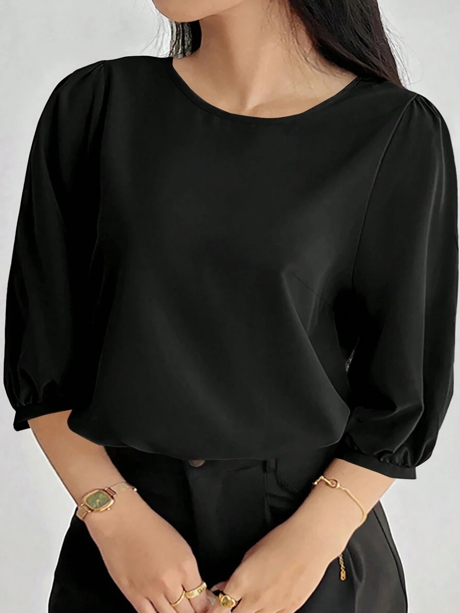 INAWLY Plus Size Solid Color Round Neck Casual Versatile Commuter Shirt - Black - View 1