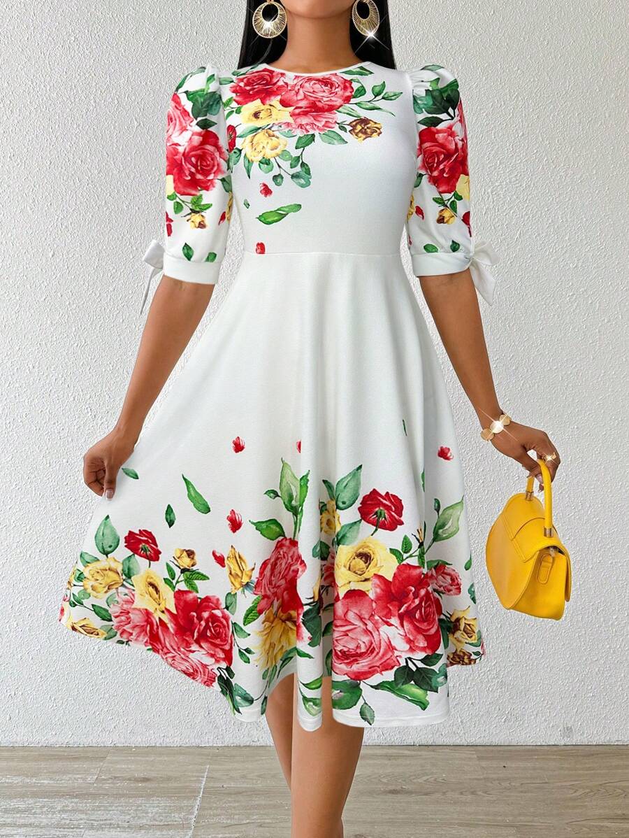 SHEIN Lady Abiti da cerimonia eleganti per matrimoni e occasioni invernali, abiti lavorati a maglia con collo rotondo, bianchi, adatti per l'ufficio e le vacanze, con maniche a tre quarti, per donne - Rosso - Visualizzare 1
