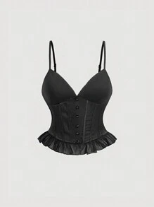 TrendSteals 女士纯色细肩带前扣休闲上衣，日常穿着 - 黑色 - 查看 1