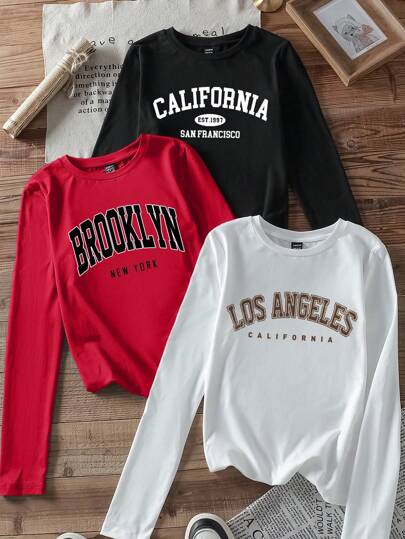 SHEIN EZwear 3 件女式英文图案黑白红圆领休闲修身长袖 T 恤套装，适合春秋季