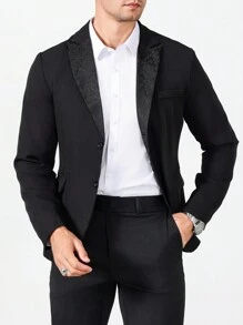 Manfinity Mode Men's Floral Pattern Lapel Neck Long Sleeve Business Travel Suit Jacket,Men's Solid Color Simple Daily Wear Long-Sleeved Suit Suitable For Parties - Black - View 4