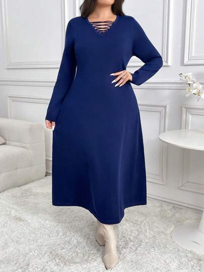 Mulvari Women Plus Size Solid Color Crossover Collar Long Sleeve Casual Knit Sweater Dress, Autumn/Winter