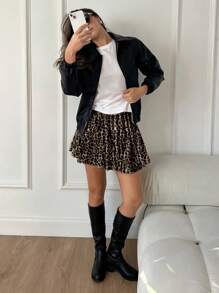 Siren Gaze Women's Leopard Print Ruffle Hem Mini Skirt, High Waist Pleated Skirt, Sexy Ballet Style Skirt, Party Skirt, Street Fashion, Autumn/Winter Skirt, Leopard Skirt, Mini Skirt, Back To School Skirt, Autumn Clothing, Mini Skirt, Concert Cheetah Casual
