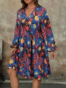 EMERY ROSE Plus Size Holiday Blue Autumn Boho Vacation Tropical Print Keyhole Neckline Lantern Sleeve Dress,New Years Women Outfit,Spring Casual Outfits - Multicolor - View 2