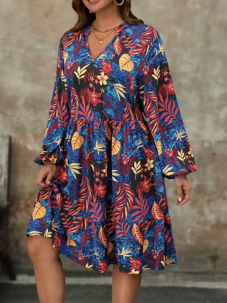 Plus Size Holiday Casual Tropical Print Keyhole Neckline Lantern Sleeve Dress,New Years Women Outfit,Vacation Dress,Vacation Outfits,Spring,Boho Dress Women