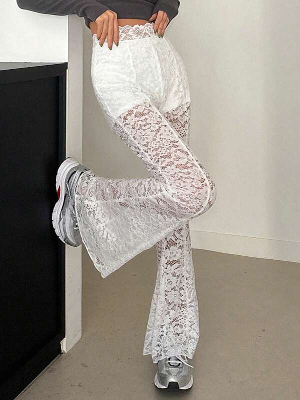 DAZY Women's Lace Fitted Flare Leg Sexy Design Pants, White, All Season Fall