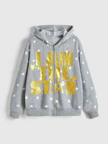 ROMWE Kawaii Sudadera con capucha y cremallera con estampado de estrellas y eslogan en lámina de oro