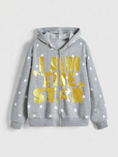 Kawaii sweat-shirt à capuche zippé imprimé étoiles avec slogan en feuille d'or