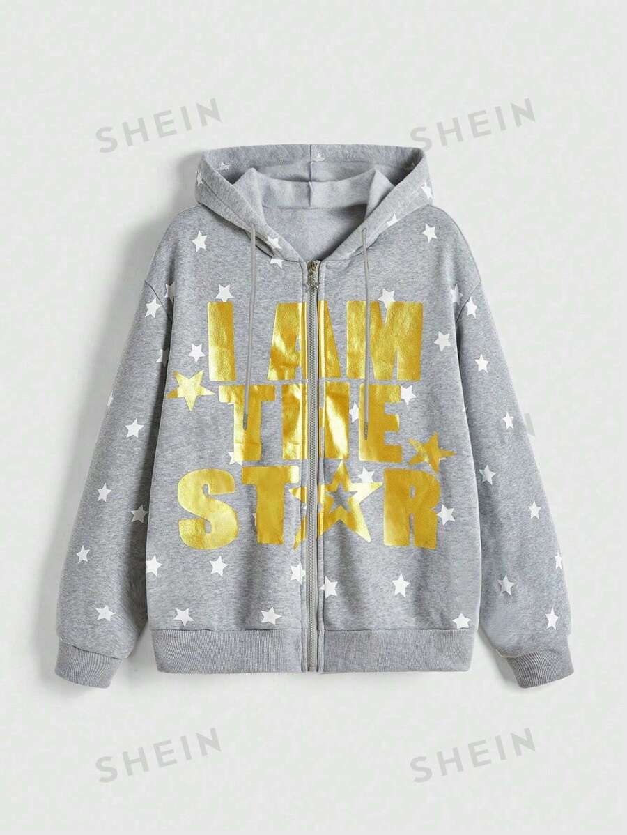 ROMWE Kawaii Sudadera con capucha y cremallera con estampado de estrellas y eslogan en lámina de oro