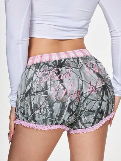 Kawaii Y2K Low Waist Sexy Bowknot Belted Embroidered Camo Print Bodycon Ruffle Shorts For Women