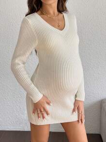 SHEIN Pregnant Women Solid Color Fitted Mini Sweater Dress, Casual Autumn/Winter