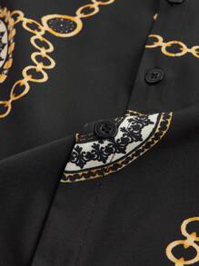 Manfinity Homme 男士前扣短袖链条印花休闲衬衫，日常穿着 - 黑色 - 查看 2