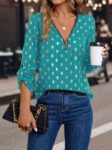 SHEIN LUNE Women's Front Zip Up Long Sleeve Printed Simple Casual Top, Daily Wear - Teal Blue - View 1