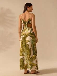 CAJUNI 女式波西米亚风香蕉树印花无袖系带腰连衣裙，休闲夏季海滩度假连衣裙 - 綠色 - 查看 2
