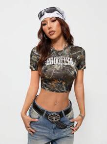 SHEIN Coolane Camiseta holgada de los hombros de mujer con gráficos Y2K, elástica, para primavera/invierno