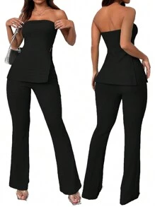 SHEIN SXY 女士纯色度假风格抹胸高开叉喇叭裤两件套，女士休闲不对称，开叉无袖修身黑色抹胸裤女式两件套服装，春夏，度假装 - 黑色 - 查看 9